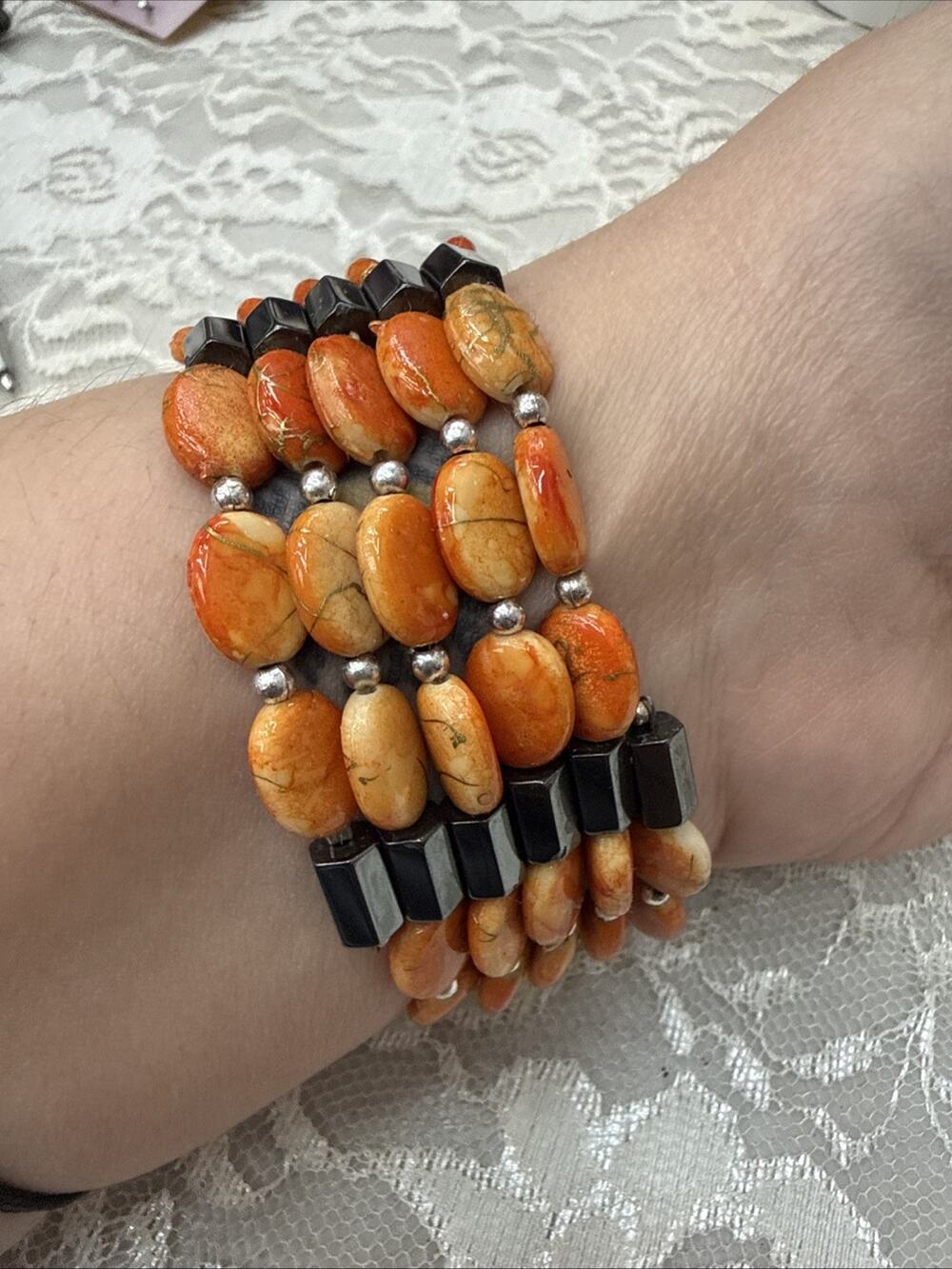 Magnetic Orange Gray Hematite Beaded Bracelet /Necklace Adjustable